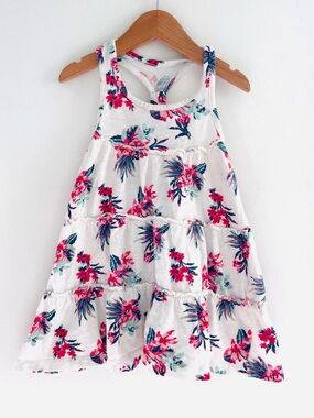 Tiered Flowy Summer Dress, Full Skirt, White & Scarlet Floral Print, Sleeveless